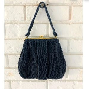 Vintage Evening Bag Navy Blue made by Corde Bead, Lumured 1950s Gold Hardware.
